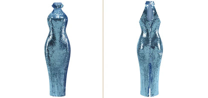 High neck bead wrapped hip skirt slit sequin dress
