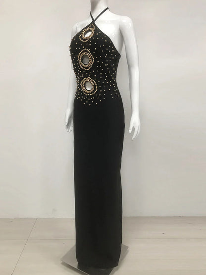 Halter Bead Hollow Design Backless Long Dress