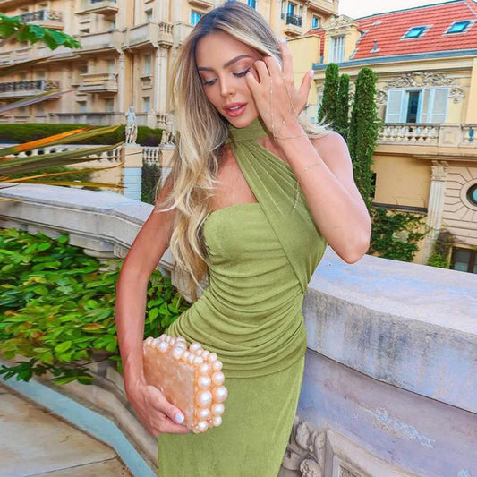 Halter Green Off-shoulder Backless Long Dress