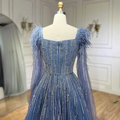 Cape Sleeves Feathers Beaded Evening Dresses