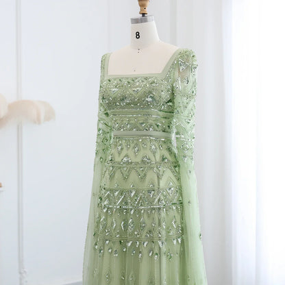 Crystal Beading Evening Dress with Cape Sleeve Customized
