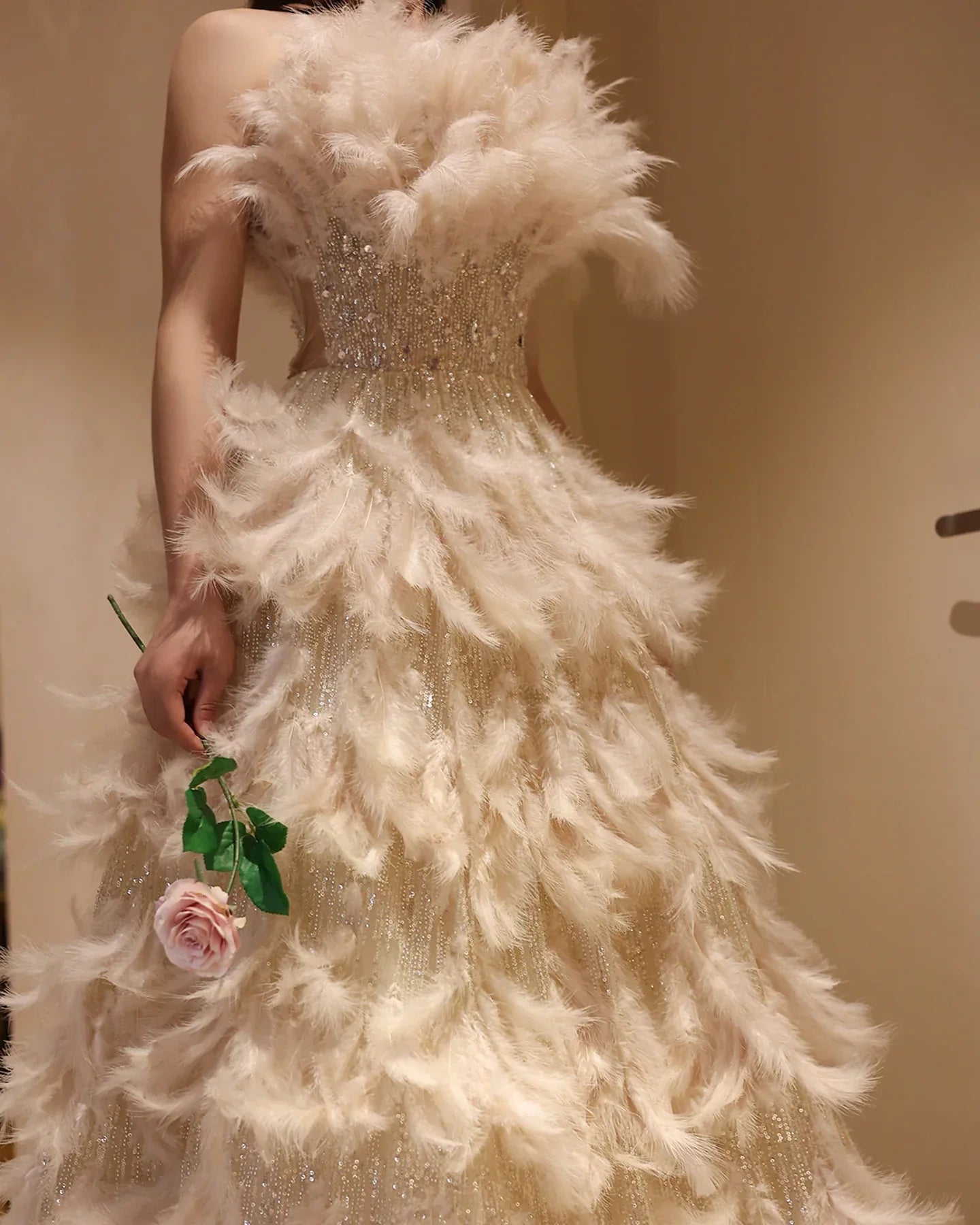 Feathers Princess Ball Gown Cream Evening Dress
