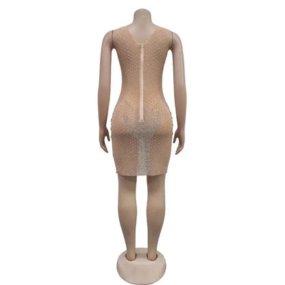 Mesh Rhinestone Round Neck Sleeveless Mini Dress