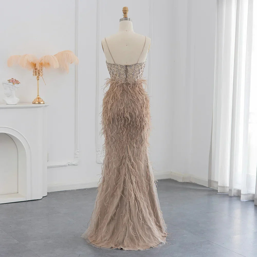 Feathers Spaghetti Straps Side Slit Prom Dress