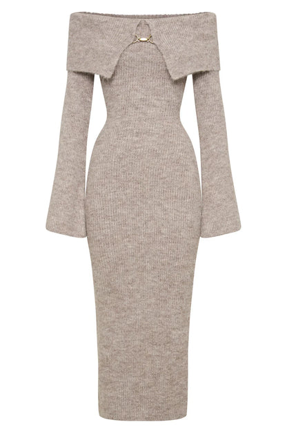 Fluffy Solid Knitted Off Shoulder Midi Dress