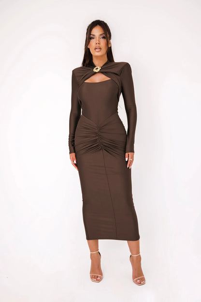 Long Sleeved Pleated Hollowed Out Maxi Dress