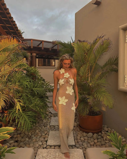 Knit Crochet Flower Applique Halter Maxi Dress