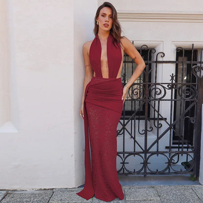 Halter Deep V Neck Lace Sleeveless Long Dress