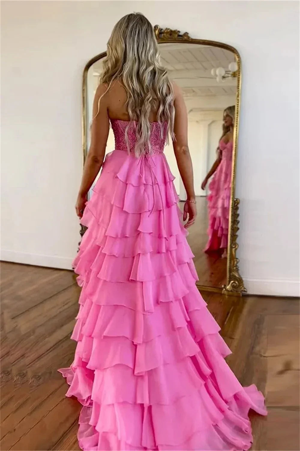 Lace Embroidery Chiffon A-line Prom Dresses