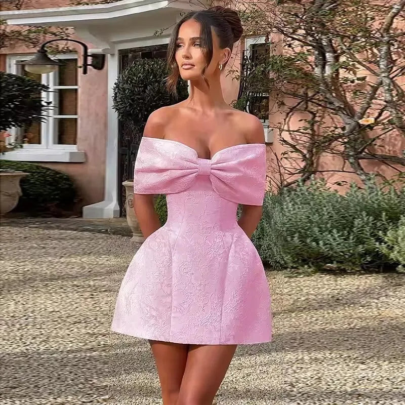 Bow Off Shoulder Backless A-line Jacquard Party Dress