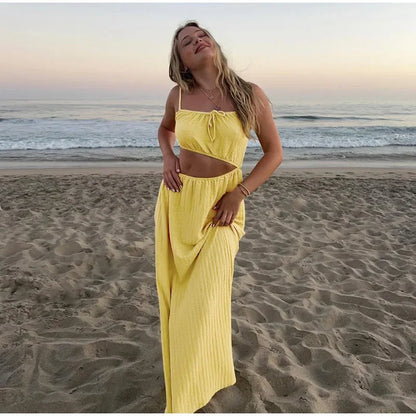 Lace Up Solid Color Open Back Long Dress