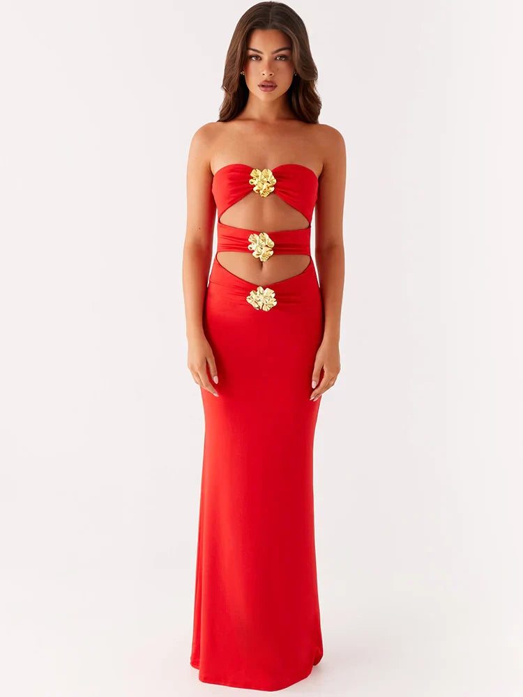 Metal Rose Hollow Out Off-shoulder Backless Long Dress