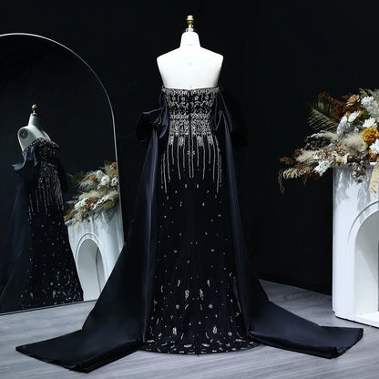 Crystal Tassel Black Evening Dress with Straps / Cape Strapless