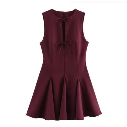 Hollow Out Bow Sleeveless Pleated Short Dress