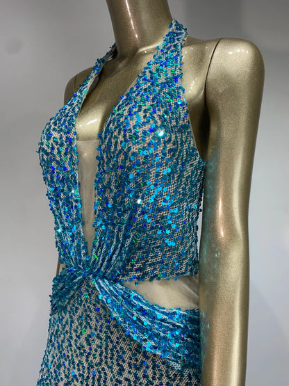 Halter Blue Sequins Sparkly Glitter Maxi Dress