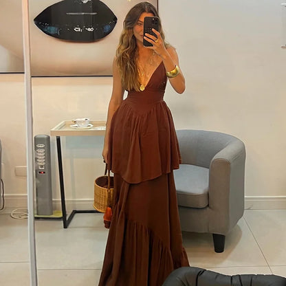 Brown V-neck Layered Maxi Dress