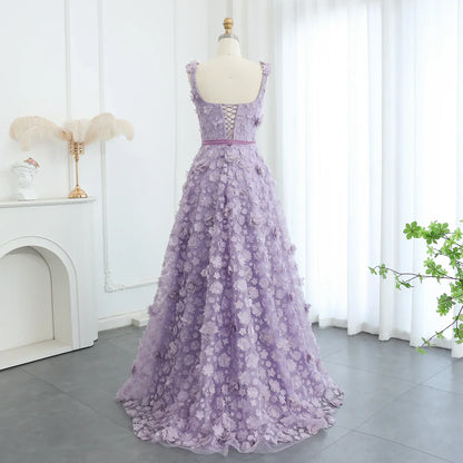 Lilac 3D Embroidered Flowers High Slit Evening Dress
