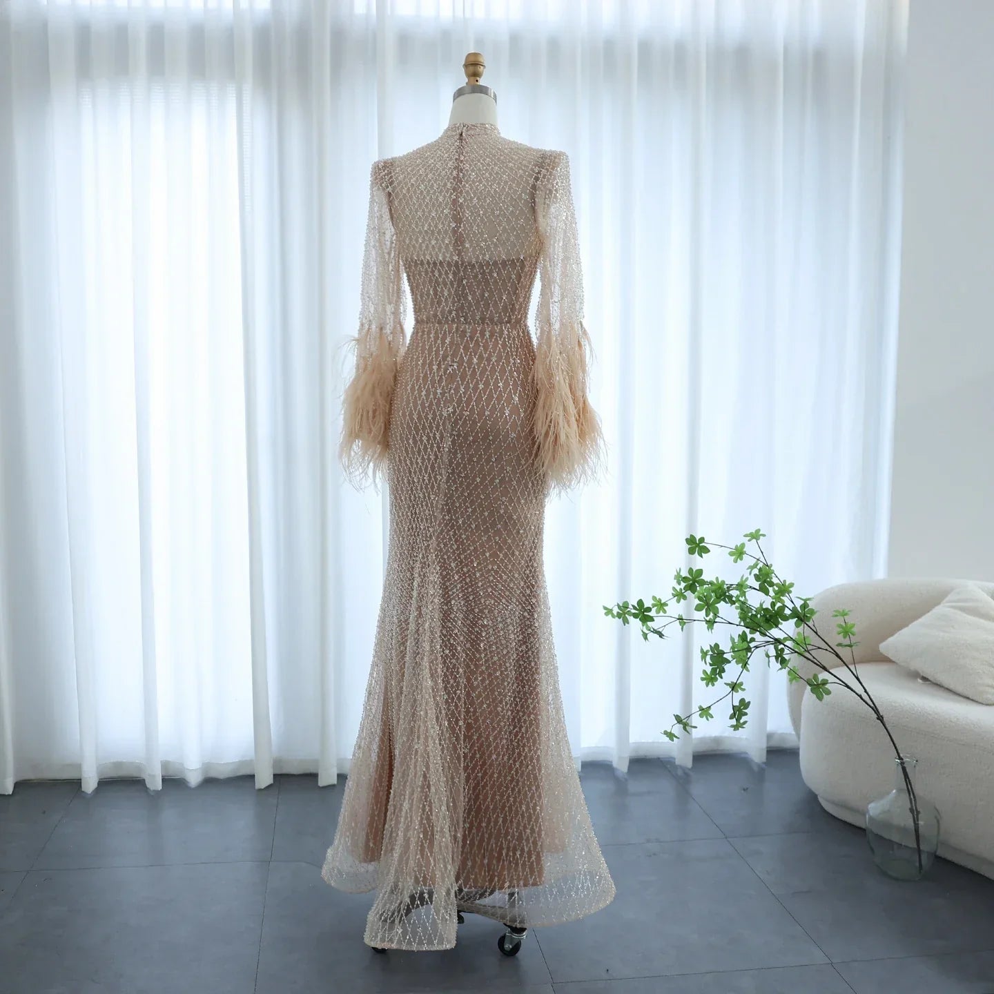 Feather Embellished Evening Gown with Long Sleeves