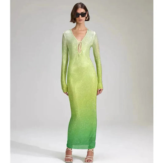Green Gradient Midi Dress Shimmering Rhinestones & Bold Style