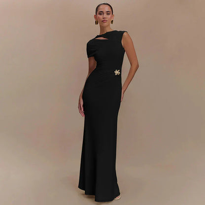 Hollow Out Metal Buckle Solid Short Sleeve Long Dress