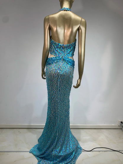 Halter Blue Sequins Sparkly Glitter Maxi Dress