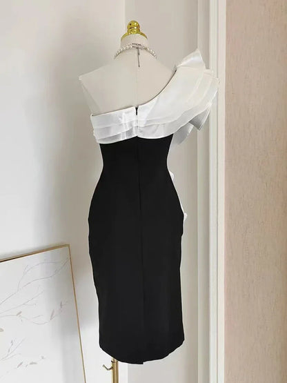 Diagonal Neck Patchwork Ruffles Folds Dress