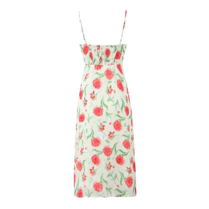Large Flowers Elastic Buttons Midi Dress