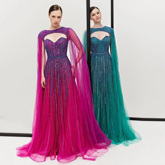 Fuchsia Evening Dress with Cape Sleeves
