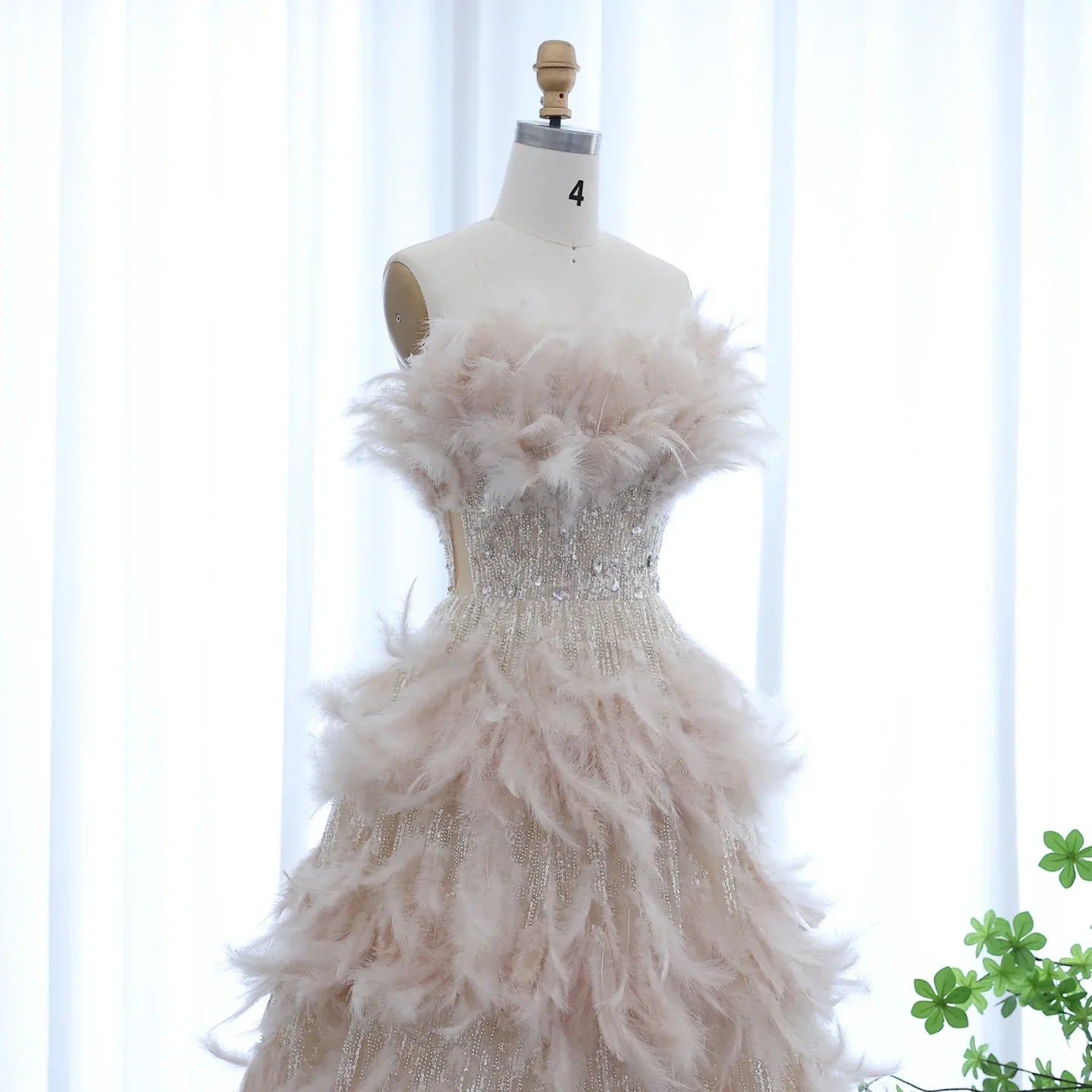 Feathers Princess Ball Gown Cream Evening Dress