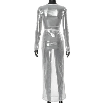 O-neck Full Sleeve Solid Color Mesh Dress