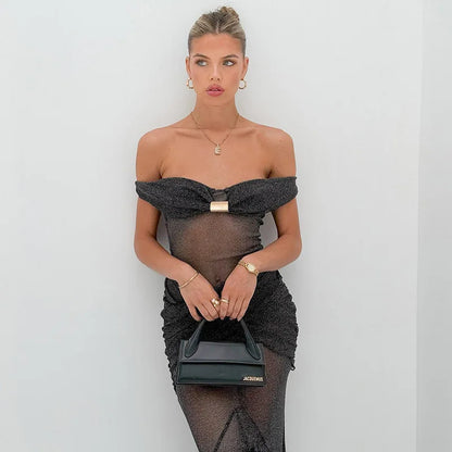 Mesh Ruffled Gray Off-shoulder Long Dress