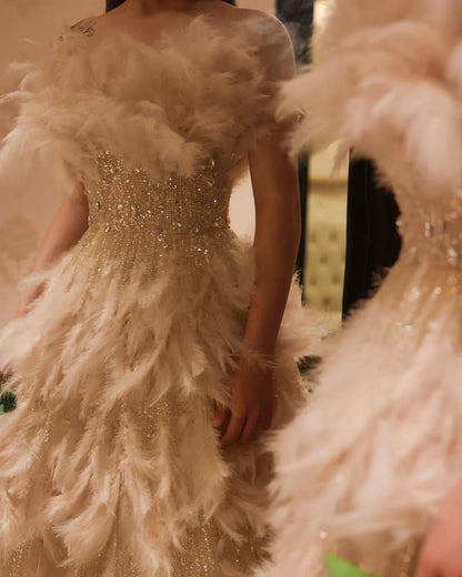 Feathers Princess Ball Gown Cream Evening Dress