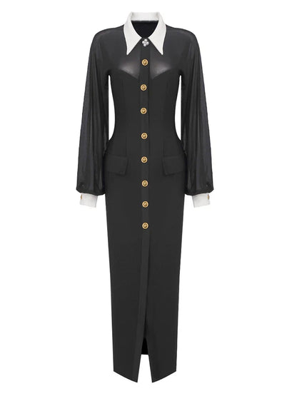 Lapel Mesh Patchwork Button Black Long Dress