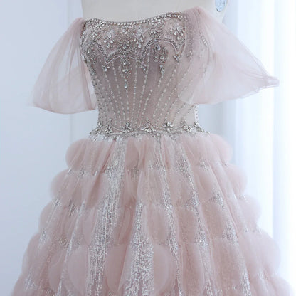 Crystal Princess Ball Gown Blush Pink Ruffles Evening Dress