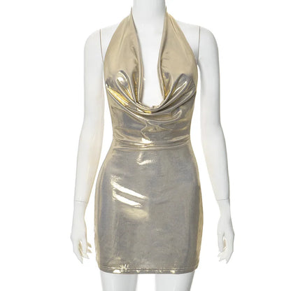 Gold Color Halter Neck Open Back Mini Dress