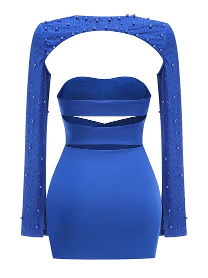 Hollow Out Diamonds Beaded Blue Dress