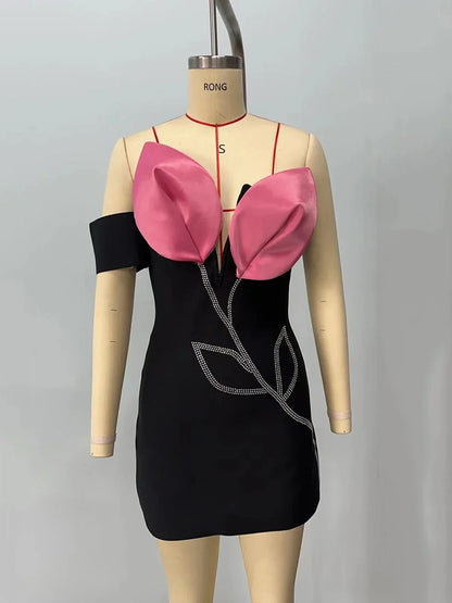 Diamond Appliques Off Shoulder Black Mini Dress