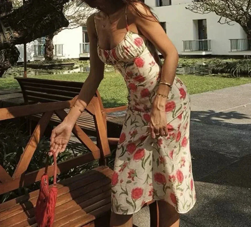 Large Flowers Elastic Buttons Midi Dress