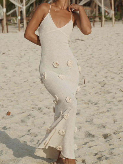 Halter Neck Flower Patchwork Lace-up Maxi Dress