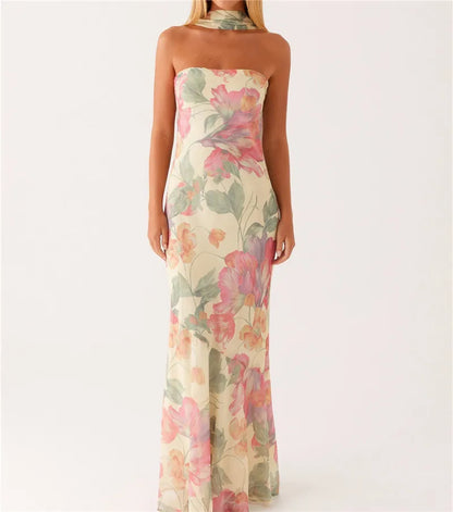 Floral Backless Sleeveless Tube Long Dresses