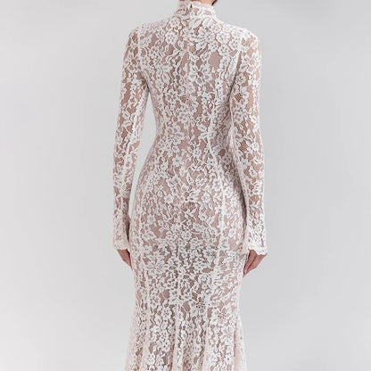 Lace Half High Neck Fishtail Dress