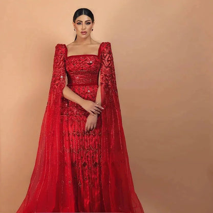 Crystal Beading Evening Dress with Cape Sleeve Customized