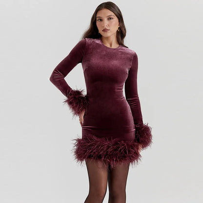 Long Sleeve Slim  Sequins Feather Dress