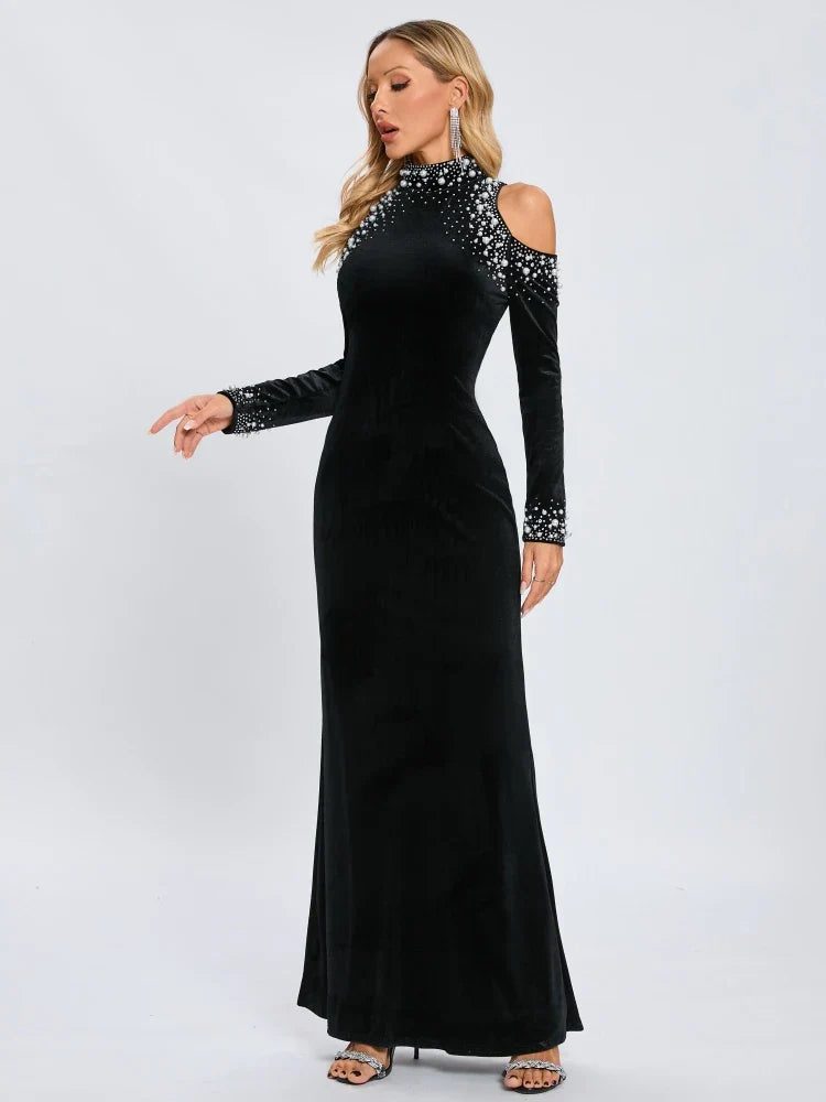 Long Sleeve Black Velvet Pearl Maxi Dress