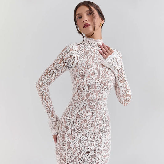 Lace Half High Neck Fishtail Dress