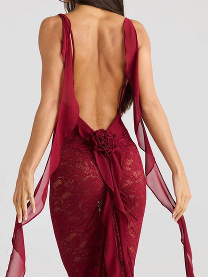 Lace Patchwork Backless Trailing Long Dress