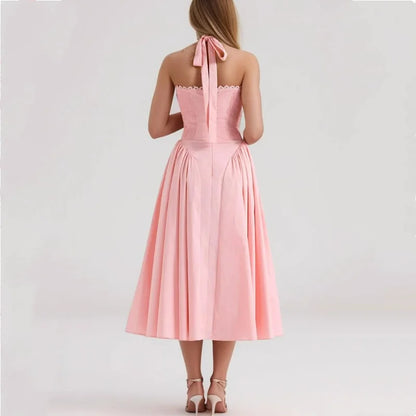 Corset Style Bow Halter Spliced Lace Midi Dress