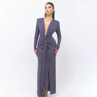 Elastic Deep V-Fold Lace Maxi Dress