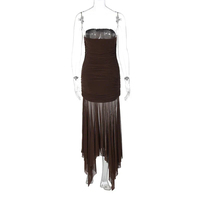 Brown Off-shoulder Strapless Long Dress