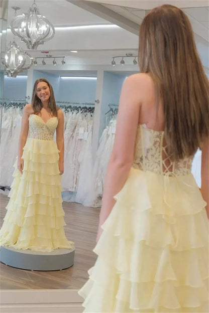 Lace Embroidery Chiffon A-line Prom Dresses